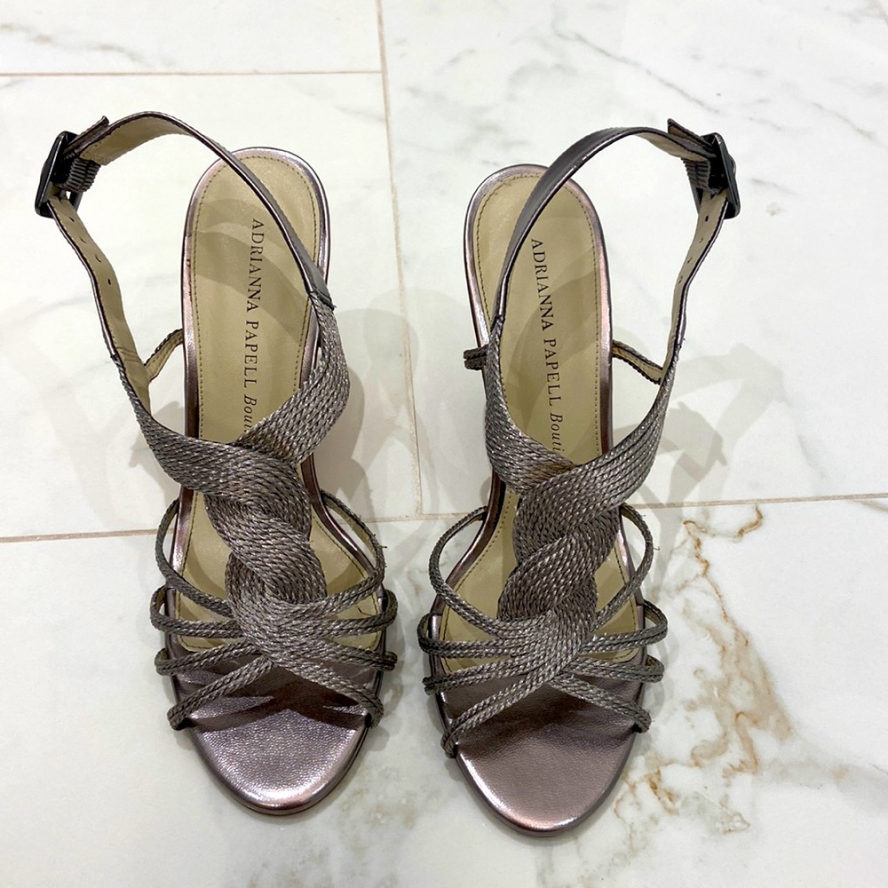 Silver/gray metallic wedge sandals by Adrianna Papell